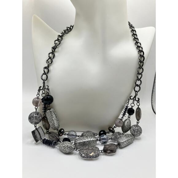 3 Tier Sparkly Silver-Tone, Gray & Clear Beaded Chain 24.5" Necklace! - Picture 2 of 11
